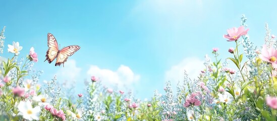 Bright spring landscape showcasing a vibrant meadow with pink and white flowers under a clear blue sky, a butterfly gracefully hovering on the left.