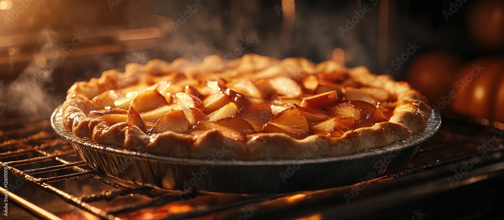 Aufkleber warm golden apple pie filled with fresh slices in a glass dish, baking in a glowing oven with a blur