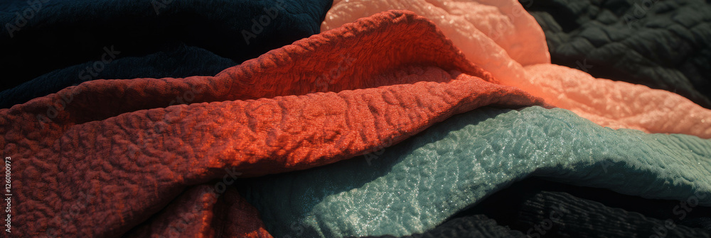 Poster layers of quilted fabric showcasing textures in vibrant colors and unique materials