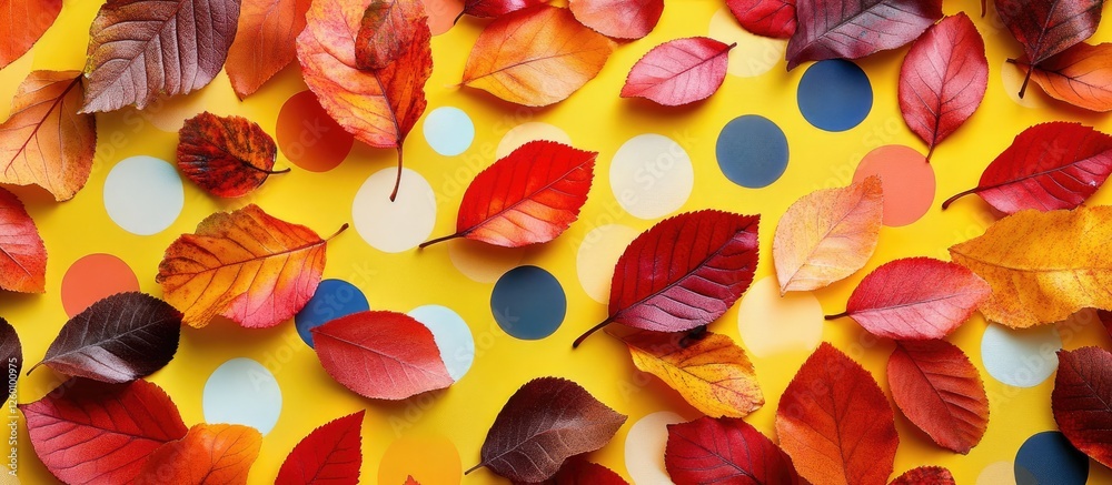 Poster vibrant autumn leaves in shades of red and orange scattered over a playful yellow polka dot backgrou