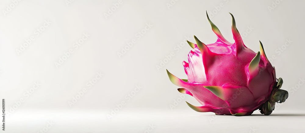 Poster vibrant pink dragon fruit resting on a light gray background with soft shadows, showcasing its uniqu