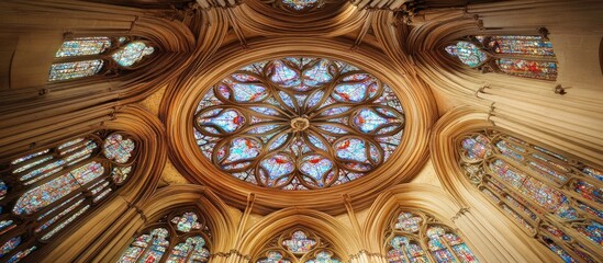 Obraz premium Majestic stained-glass ceiling in a historic cathedral showcasing vibrant colors with intricate floral designs and an ornate circular pattern above.