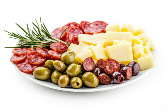 A delicious platter featuring assorted cheeses, olives, and cured meats. isolated on white background.