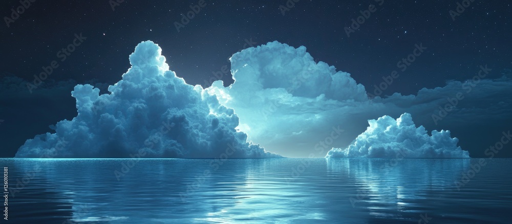 Aufkleber twilight glow illuminating fluffy clouds above a calm azure water surface with a deep blue sky backd