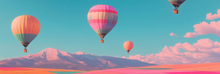 Fototapeta premium Balloons rise above colorful fields and distant mountains during a clear day