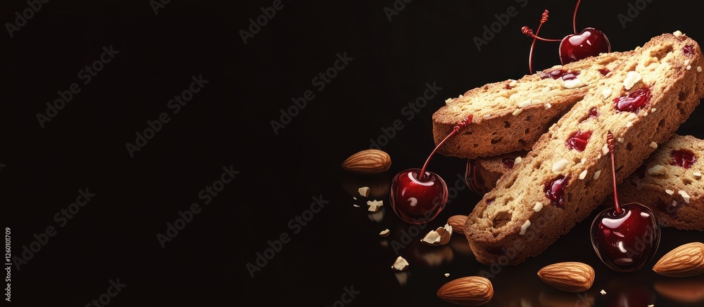 Poster crunchy biscotti with glazed cherries and almonds on a dark background, positioned on the left, offe
