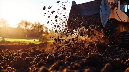 Excavator scoops soil during golden hour sunlight