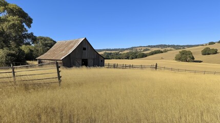 Rustic Barn Golden Field Sunny Day
