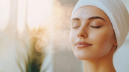 A serene woman enjoying a relaxing facial steam treatment in a calm spa environment, promoting wellness and rejuvenation.