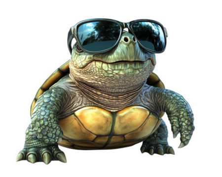 turtle wearing oversized sunglasses strikes silly pose, showcasing its unique personality and charm. This whimsical image captures fun and playful moment