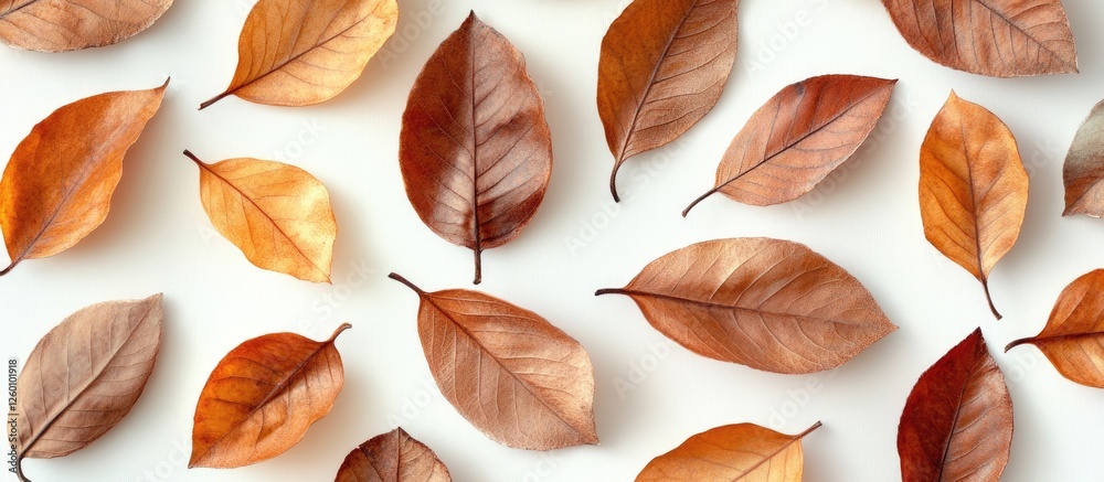 Fototapete autumn flat lay featuring dried orange and brown leaves on a light background creating a textured ar