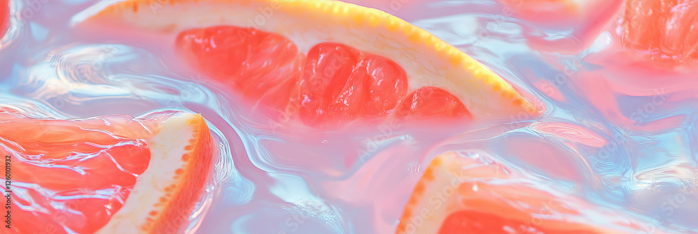 Poster Refreshing rice milk with grapefruit segments creating attractive ripples in a vibrant background