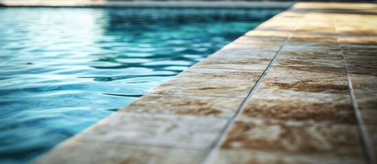 Obraz premium Luxury swimming pool edge with natural stone tiles reflecting sunlight creating an elegant outdoor oasis beside a tranquil blue water surface
