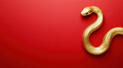 Obraz premium A stunning golden snake gracefully curved on a vibrant red background.