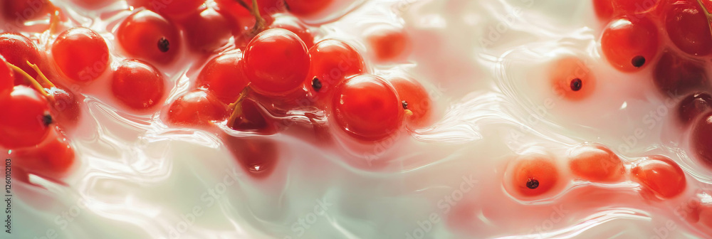 Poster fine delicate surface ripples of rice milk with red currant berries create a stunning visual effect