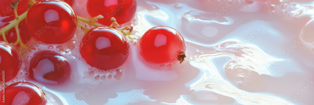 Poster delicate ripples on rice milk adorned with fresh red currant berries in a serene background