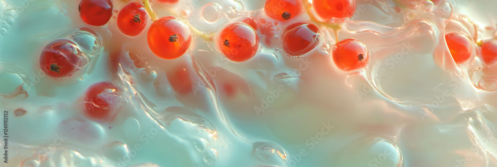 Poster Rippling rice milk with red currant berries creating a serene and delicate texture