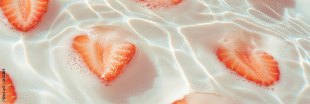 Poster ripples of rice milk with fresh strawberry halves creating a refreshing visual effect