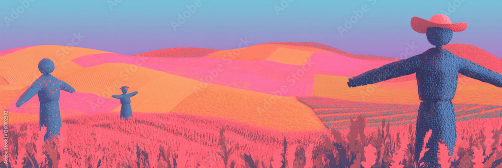 Poster colorful patchwork fields and whimsical scarecrows across rolling hills in serene countryside
