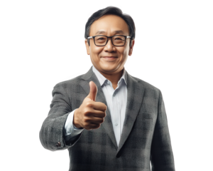 Confident businessman giving thumbs up, wearing glasses and suit, smiling positively. This portrait conveys professionalism and optimism in business setting