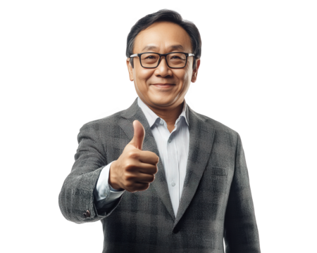 Confident businessman giving thumbs up, wearing glasses and suit, smiling positively. This portrait conveys professionalism and optimism in business setting