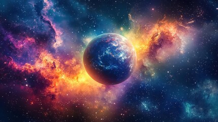 A beautiful blue planet sits amidst a vibrant colorful nebula