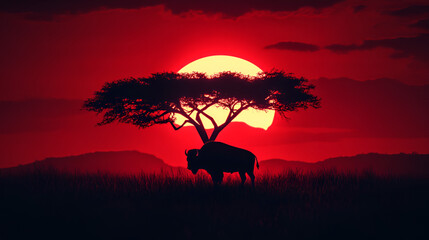 Naklejka premium Bison silhouette at sunset – majestic wildlife vector, Generative Ai