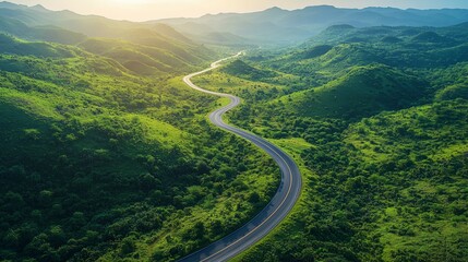 Scenic Curving Road Through Lush Green Landscape at Sunrise
