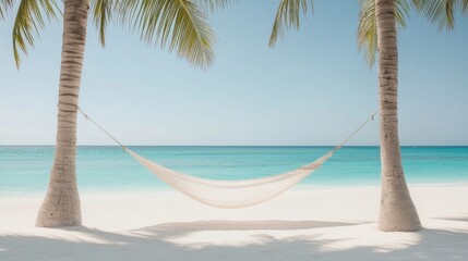 Serene beach scene with hammock between palm trees, inviting rel