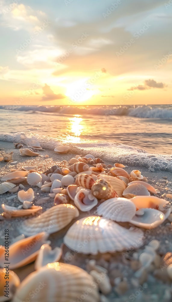 Poster a serene beach during sunset, where the golden light reflects off the gentle waves, and the soft san