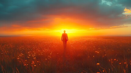 Fototapeta premium facing my faith man walking in the middle of the field at sunset panorama