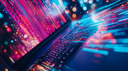 Obraz premium Cybernetic Speed: Laptop displaying accelerated digital flow for high tech industry