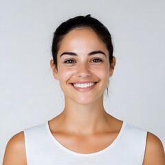Happy woman headshot, studio portrait, neutral background, profile image