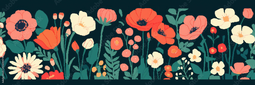 Poster brightly colored pixel art flowers creating a vibrant banner background for all occasions