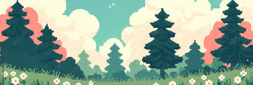 Aufkleber charming pixel art landscapes with rolling hills and playful trees in a serene setting