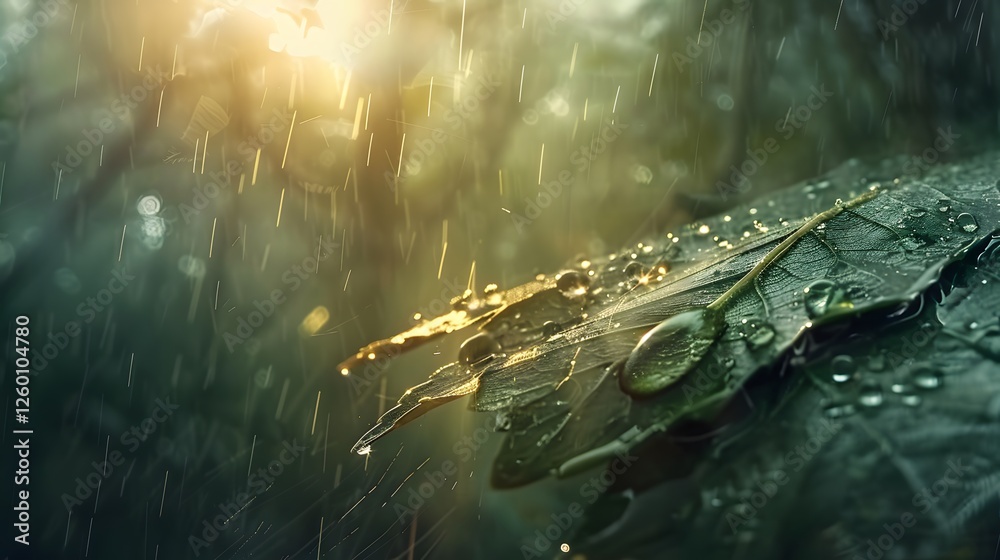 Poster a close-up of raindrops on a leaf, with vibrant green tones and sharp details that contrast beautifu