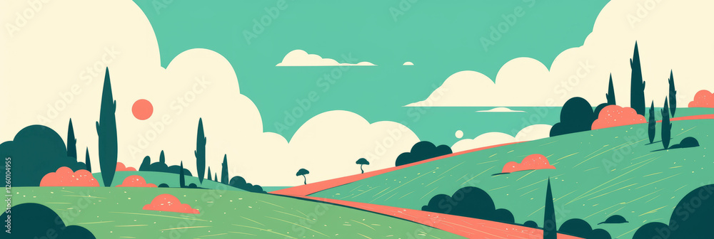 Aufkleber stylized landscapes featuring rolling hills and whimsical trees create a serene backdrop