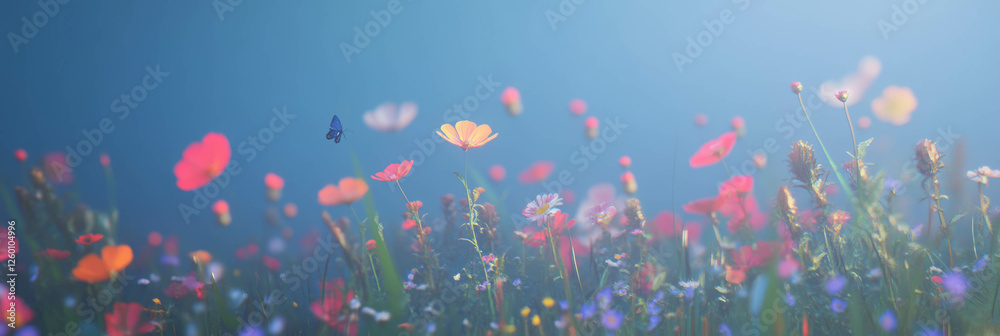 Poster delicate meadows adorned with vibrant flowers and imagined butterfly trails in a serene setting
