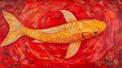 A stunning illustration of golden koi fish swimming in a red pond, symbolizing prosperity, wealth, and good luck in Asian culture. Perfect for decorative, festive, or Feng Shui themes