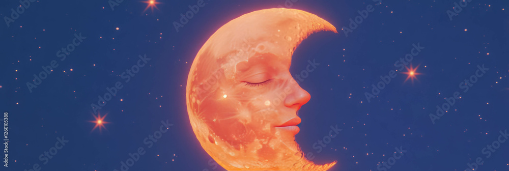 Aufkleber stylized moon with a sleeping face surrounded by twinkling stars for a serene banner design