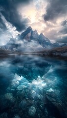 Naklejka premium A mystical mountain lake surrounded by jagged peaks, with crystal-clear water reflecting the dramatic clouds overhead and creating a surreal scene