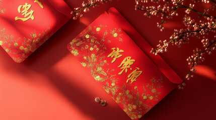 Elegant red envelopes with golden Chinese calligraphy, symbolizing prosperity and good fortune, perfect for Chinese New Year celebrations and festive gift-giving