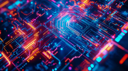 Obraz premium Electronic Circuit Board Concept: Intricate network of blue and orange glowing pathways for technology advertisement