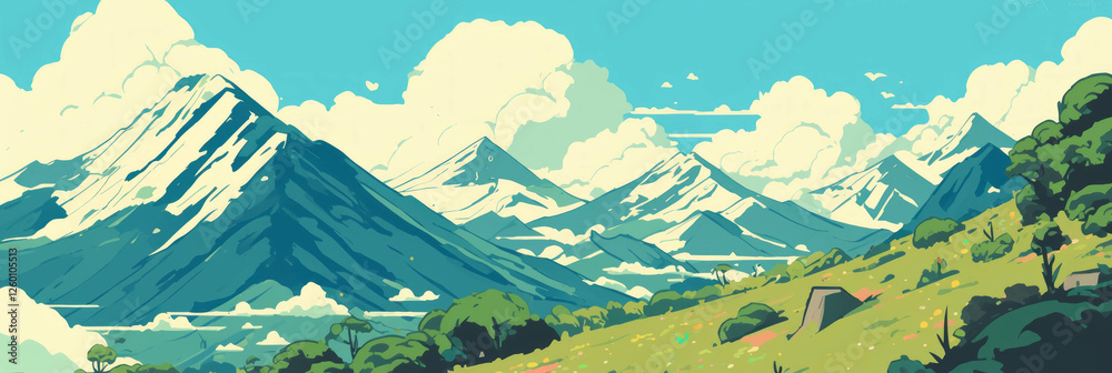 Poster stylized mountains with snow-capped peaks and green valleys create a serene backdrop