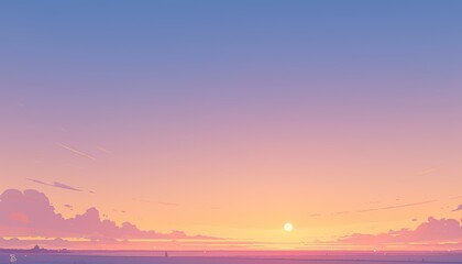 Naklejka premium Pastel sunset over calm ocean, distant city silhouette, background use