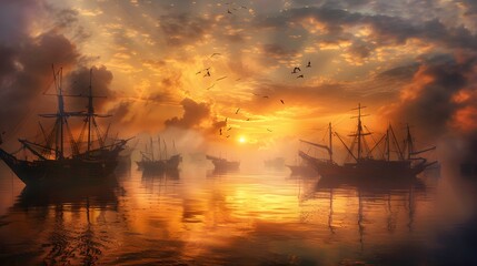 Fototapeta premium A bustling harbor scene at dawn, with fishing boats silhouetted against the rising sun and vibrant reflections dancing on the water