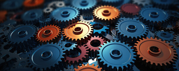 Colorful metal gears interlocking in a complex arrangement showcasing mechanical design and engineering precision