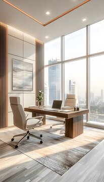 A modern office space with sleek furniture, large glass windows, and neutral tones, bathed in soft natural light creating a productive yet calming environment