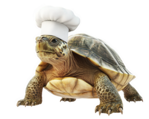 turtle wearing chef hat, playfully pretending to cook, adds whimsical touch to any kitchen scene. This charming image captures essence of culinary creativity and fun