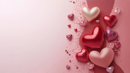 A beautifully designed Valentine's Day background with 3D red hearts, abstract elements, and elegant composition. Perfect for love-themed banners, social media, and romantic celebrations.